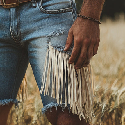 Men's Denim Shorts | Western Cowboy Style | Summer Tassel Design | Rugged Durable Fabric | Breathable Cool Fit | Casual Relaxed Aesthetic | Multiple Sizes S-3XL | Festival Fashion | Unique Modern Wardrobe Must-Have
