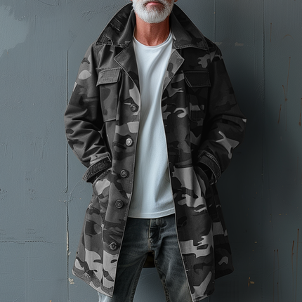 Men's Camouflage Trench Coat | Lapel Collar | Single Breasted | Mid-Length | Cargo Pockets | Durable Fabric | Adjustable Cuffs & Waist | Weather-Resistant | Outdoor Jacket | Sizes S to XXXL