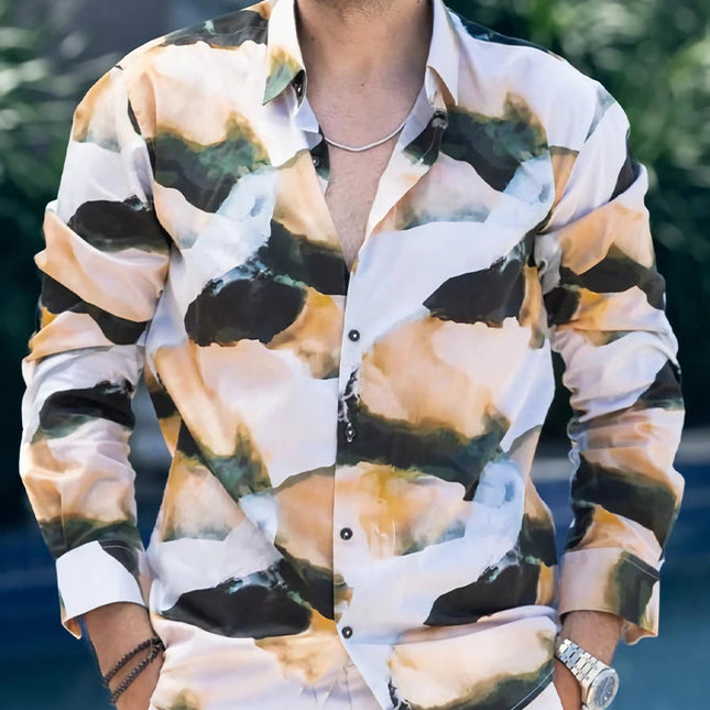 Men's Retro Colorblock Long Sleeve Shirt | Casual Cotton | Bold Print | Lapel Collar | Relaxed Fit | Button Down | Versatile Styling | Comfortable | High Quality Fabric | Perfect for Any Occasion