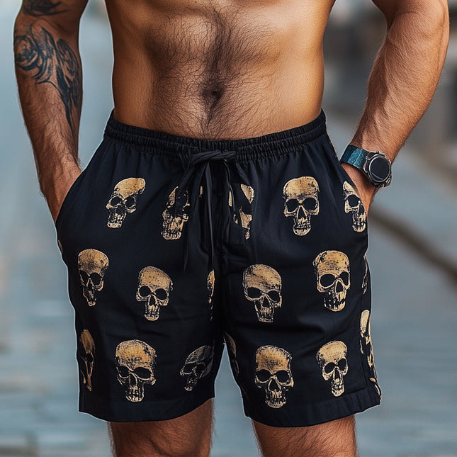 Men's Summer Skull Print Shorts | Casual Elastic Lace-up Design | Breathable Cotton-Polyester Blend | Mid-Thigh Length | Sizes S-3XL | Trendy Beach & Everyday Wear