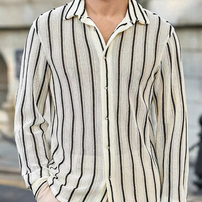 Men's Vertical Striped Knit Shirt | Breathable Long Sleeve | Casual & Business Casual | Button-Up | Soft Knit Fabric | Turn-Down Collar | Regular & Slim Fit | Stylish Versatile Top