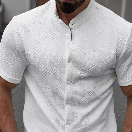Men's White Jacquard Short Sleeve Shirt | Casual Cotton Blend | Button-Down | Stand Collar | Breathable Comfort | Versatile Fashion | Subtle Textured Design | Ideal for Everyday Wear