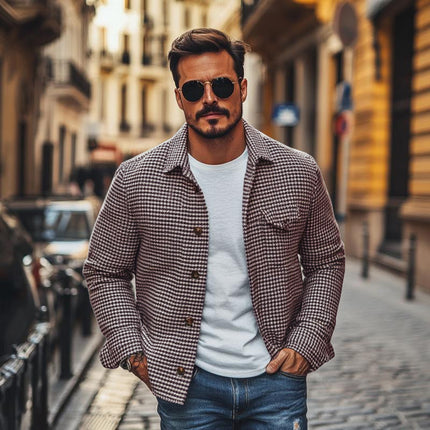 Men's Houndstooth Shirt Jacket | Vintage Lapel Design | Single Breasted Closure | Classic Outerwear | Versatile Layering | Stylish and Practical | Casual & Semi-Formal Wear | Comfortable Fit | Functional Pockets