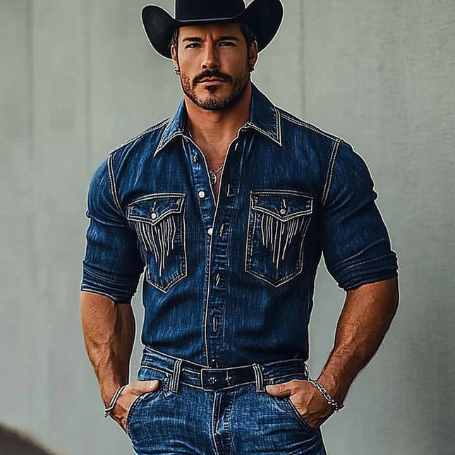 Men's Vintage Distressed Denim Shirt | Long Sleeve | Classic Collar | 100% Cotton | Relaxed Casual Look | Available in S to 3XL | Trendy Timeless Style | Button-Front Closure