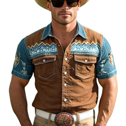 Men's Western Cowboy Style Shirt | Vintage Denim | Snap Button | Short Sleeve | Classic Western Look | Rugged Vintage Prints | Durable yet Soft Fabric | Perfect for Casual Days or Themed Events | Sizes S-3XL
