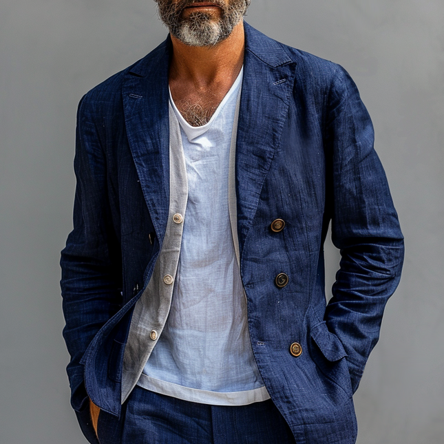 Men's Blazer | Solid Cotton Linen | Notch Lapel | Double Breasted | Casual Outerwear | Short Sleeves | Premium Material | Tailored Fit | Versatile Solid Color | Breathable Stylish Apparel