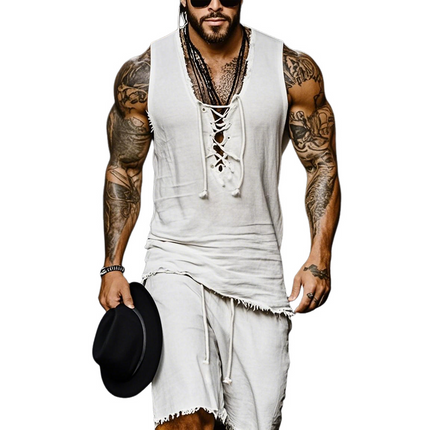 Men's Summer Outfit | Cotton Linen Blend | Lace-Up V Neck Sleeveless Tank Top | Elastic Waist Shorts | Casual Beachwear Set | Breathable Lightweight | Relaxed Fit | Stylish Men's Clothing