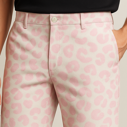 Men's Shorts | Casual Pink Denim | Leopard Print | High Quality Cotton Blend | Spring Summer Fashion | Retro Western Cowboy Style | Breathable Comfortable Fit | Urban Trendy Streetwear | Functional Pockets