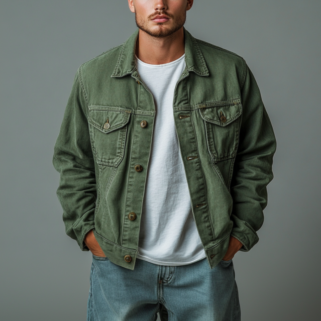 Men's Denim Jacket | Casual Outdoor Wear | Washed Vintage Look | Lapel Collar | Single-Breasted | Loose Fit | Ideal for Layering | Durable Fabric | Versatile Styling | Perfect for Transitional Weather