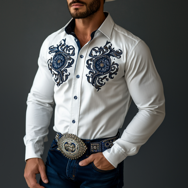 Men's Vintage Embroidered Western Cowboy Shirt | Slim Fit | Colorblock Cotton Long Sleeve | Lapel Collar | Flower Embroidery | Chest Pocket | Breathable Cotton | Casual Outings | Classic Style