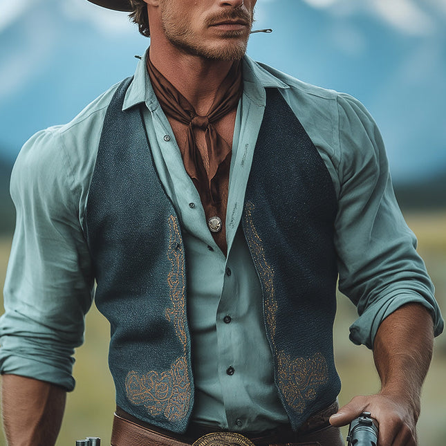 Men's Western Cowboy Style Vest | Summer Sleeveless Hot Stamping | Lightweight Blended Fabric | Breathable Outerwear | Fashionable Casual Layer
