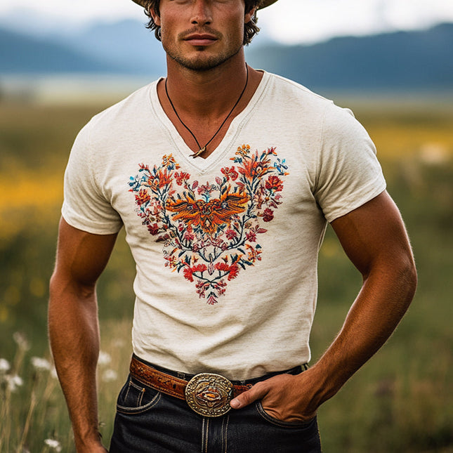 Men's Western T-Shirt | Embroidered Design | Round Neck | Short Sleeve | Casual Comfortable Fit | Stylish Wardrobe Essential
