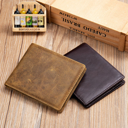 Men's Bi-Fold Wallet | Vintage Top Layer Cowhide Leather | Compact Short Design | Multiple Card Slots | Classic Stitching | Rich Patina Finish | Sleek Brown, Black, Tan | Durable & Stylish Accessory