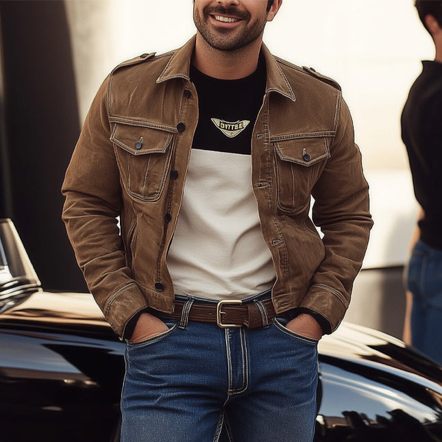 Men's Vintage Washed Denim Jacket | Brown Faded Look | Classic Rugged Style | Premium Breathable Fabric | Turn-Down Collar | Long Sleeves | Reinforced Seams | Multiple Sizes | Ideal for Casual Outings