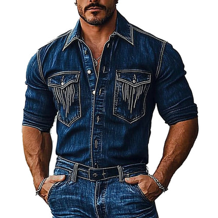 Men's Vintage Distressed Denim Shirt | Long Sleeve | Classic Collar | 100% Cotton | Relaxed Casual Look | Available in S to 3XL | Trendy Timeless Style | Button-Front Closure