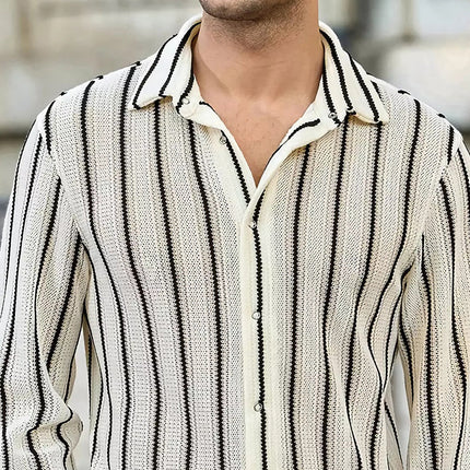 Men's Vertical Striped Knit Shirt | Breathable Long Sleeve | Casual & Business Casual | Button-Up | Soft Knit Fabric | Turn-Down Collar | Regular & Slim Fit | Stylish Versatile Top