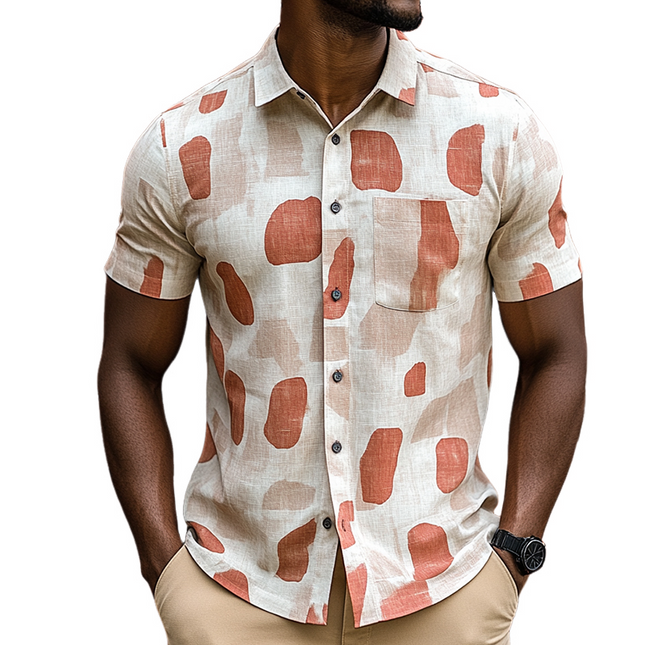 Men's Retro Linen Shirt | Geometric Contrast Print | Short Sleeve | Lapel Collar | Casual Style | Breathable | Summer Essentials | Lightweight Comfort | Versatile Outfit | Multiple Sizes Available