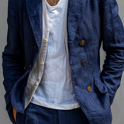Men's Blazer | Solid Cotton Linen | Notch Lapel | Double Breasted | Casual Outerwear | Short Sleeves | Premium Material | Tailored Fit | Versatile Solid Color | Breathable Stylish Apparel