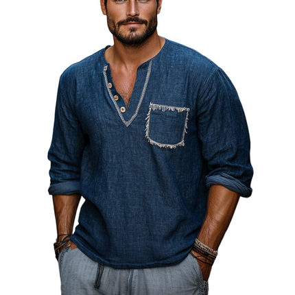 Men's Vintage Style T-shirt | Navy V-neck | Long Sleeve | Retro Casual Design | Soft Cotton Blend | Versatile Outfit | Comfortable Fit | Timeless Fashion | Sizes S to 3XL | Classic Men's Wardrobe Essential