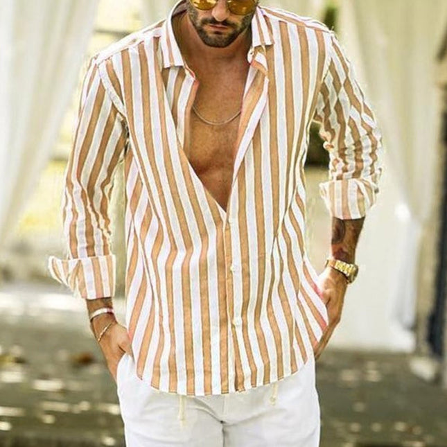 Men's Relaxed Fit Long Sleeve Striped Lapel Shirt | Classic Lapel | Everyday Leisure | Autumn Spring Wear | Machine Washable | Versatile Work & Play Shirt | Soft Durable Material | Button Down Front