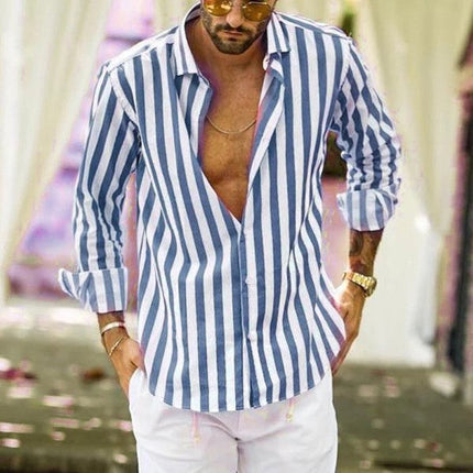 Men's Relaxed Fit Long Sleeve Striped Lapel Shirt | Classic Lapel | Everyday Leisure | Autumn Spring Wear | Machine Washable | Versatile Work & Play Shirt | Soft Durable Material | Button Down Front