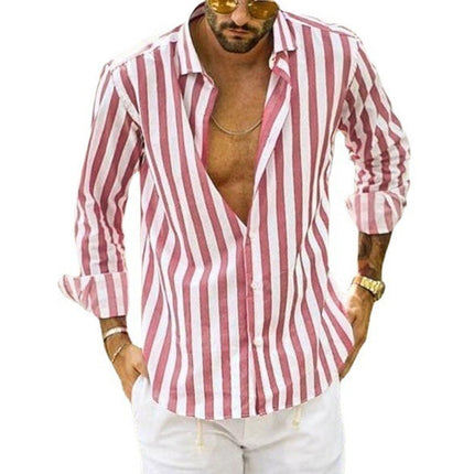 Men's Relaxed Fit Long Sleeve Striped Lapel Shirt | Classic Lapel | Everyday Leisure | Autumn Spring Wear | Machine Washable | Versatile Work & Play Shirt | Soft Durable Material | Button Down Front