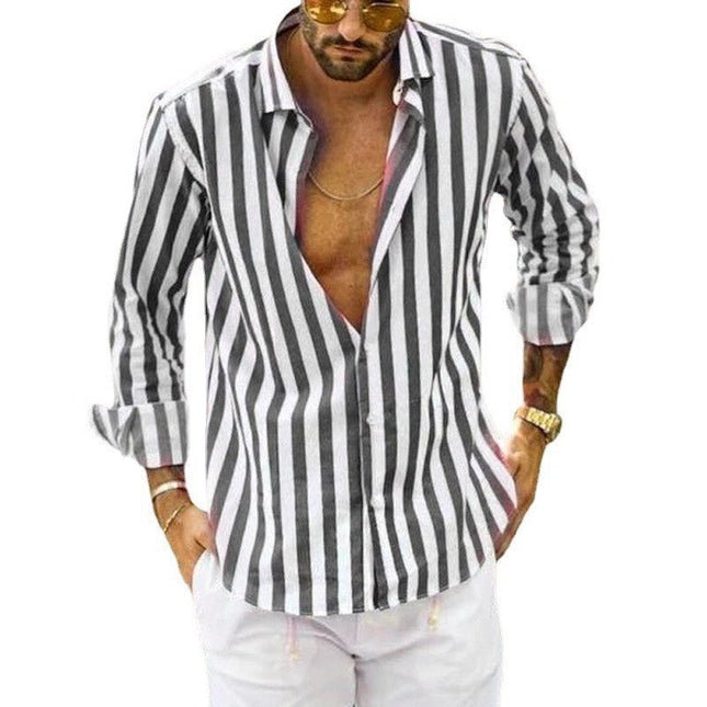 Men's Relaxed Fit Long Sleeve Striped Lapel Shirt | Classic Lapel | Everyday Leisure | Autumn Spring Wear | Machine Washable | Versatile Work & Play Shirt | Soft Durable Material | Button Down Front