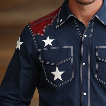 Men's Retro Western Style Shirt | Star Embroidered | Long Sleeve | Lapel Collar | Vintage Cowboy Design | Breathable Cotton | Tailored Fit | Versatile Seasonal Wear | Available in S to 3XL