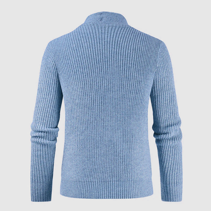 Men's Knit Cardigan | Solid Color | Lapel Collar | Single Breasted | Dual Side Pockets | Horn Buttons | High-Quality Knit Fabric | Tailored Fit | Warm and Comfortable | Light Blue | Outerwear