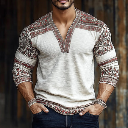 Men's Retro Colorblock T-Shirt | V-Neck | Long Sleeve | Wrinkled Textured Fabric | Stylish Vintage Look | Artistic Colorblock Print | Relaxed Fit | Casual Wear | Comfortable Pullover Design | Versatile Bold Patterns