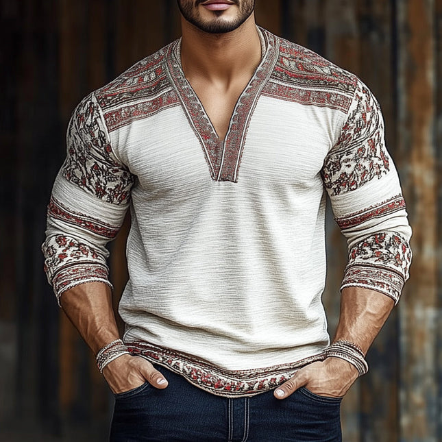 Men's Retro Colorblock T-Shirt | V-Neck | Long Sleeve | Wrinkled Textured Fabric | Stylish Vintage Look | Artistic Colorblock Print | Relaxed Fit | Casual Wear | Comfortable Pullover Design | Versatile Bold Patterns
