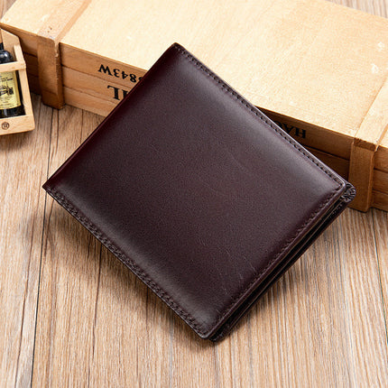 Men's Bi-Fold Wallet | Vintage Top Layer Cowhide Leather | Compact Short Design | Multiple Card Slots | Classic Stitching | Rich Patina Finish | Sleek Brown, Black, Tan | Durable & Stylish Accessory