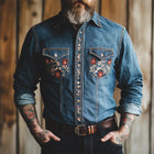 Men's Vintage Washed Denim Shirt | Dark Blue | Embroidered Details | Long Sleeve | Casual & Smart-Casual | Regular Fit | Button Front | Chest Pockets | Turn-Down Collar | Machine Washable | Classic & Stylish