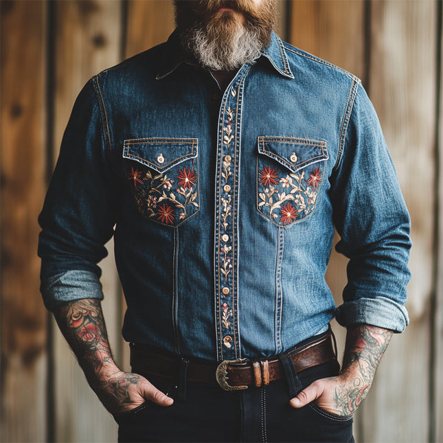 Men's Vintage Washed Denim Shirt | Dark Blue | Embroidered Details | Long Sleeve | Casual & Smart-Casual | Regular Fit | Button Front | Chest Pockets | Turn-Down Collar | Machine Washable | Classic & Stylish