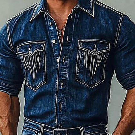 Men's Vintage Distressed Denim Shirt | Long Sleeve | Classic Collar | 100% Cotton | Relaxed Casual Look | Available in S to 3XL | Trendy Timeless Style | Button-Front Closure
