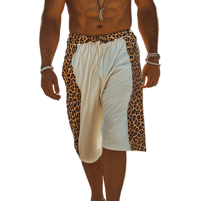 Men's Casual Cotton Linen Blend Shorts | Leopard Print Splicing | Elastic Waist Loose Fit | Spring Summer Fashion