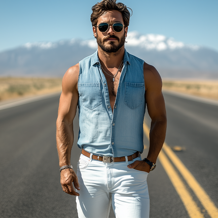 Men's Sleeveless Shirt | Washed Tencel Denim | Western Cowboy Style | Fashionable Casual Wear | Spring & Summer Fashion | Breathable & Lightweight | Button-Down | Vintage Look | Ideal for Hot Climates