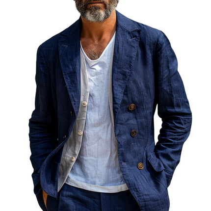Men's Blazer | Solid Cotton Linen | Notch Lapel | Double Breasted | Casual Outerwear | Short Sleeves | Premium Material | Tailored Fit | Versatile Solid Color | Breathable Stylish Apparel