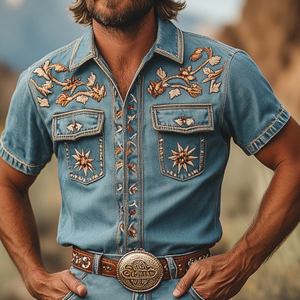 Men's Summer Retro Embroidered Denim Set | Short Sleeve Shirt & Shorts | Lightweight Breathable Fabric | Vintage Casual Outfit | Intricate Embroidery | Classic Collar | Sizes S-3XL | Easy Care Machine Washable