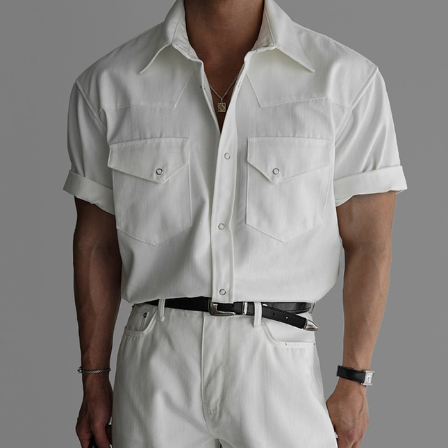 Men's Casual Solid Color Short Sleeve Shirt | Lapel Collar | Chest Pocket | Breathable Cotton Blend | Versatile Everyday Outfit | Classic Style