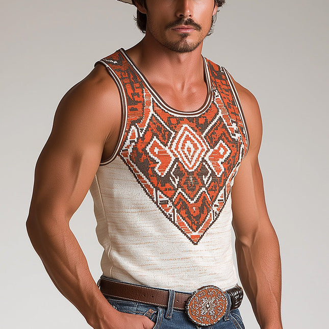 Men's Western Cowboy Style Tank Top | Knitted Jacquard | Summer Sleeveless Shirt | Lightweight Breathable Fabric | Casual Outdoor Fashion