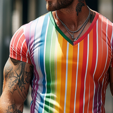 Men's Retro V-Neck T-Shirt | Rainbow Stripe Print | Short Sleeve Casual Top | Soft Cotton Fabric | Vintage-Inspired Design | Comfortable Everyday Wear | Various Sizes S-3XL | Spring & Summer Fashion