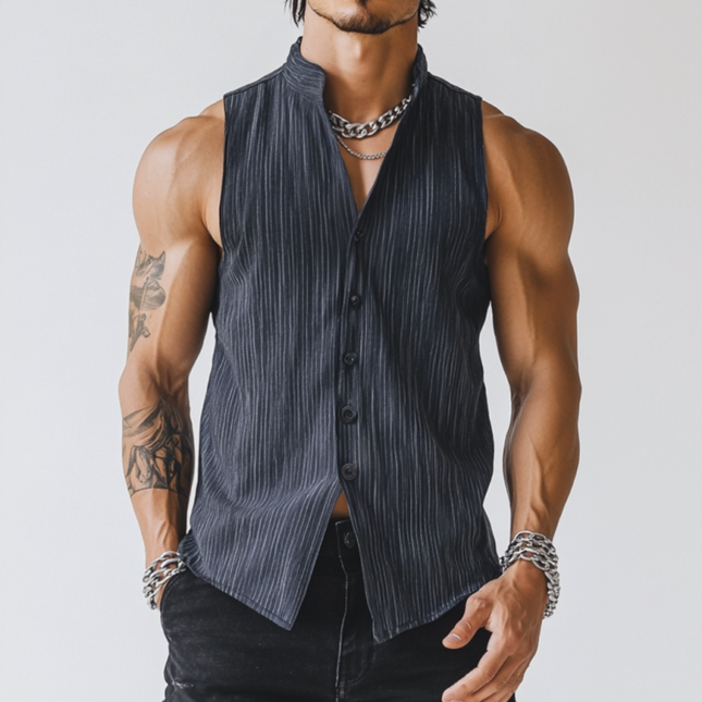 Men's Sleeveless Shirt | Casual Breathable Linen | Pinstripe Stand Collar | Slim Fit | Summer Essentials | Lightweight & Comfortable | Elegant Design | Ideal for Hot Weather | Stylish & Versatile