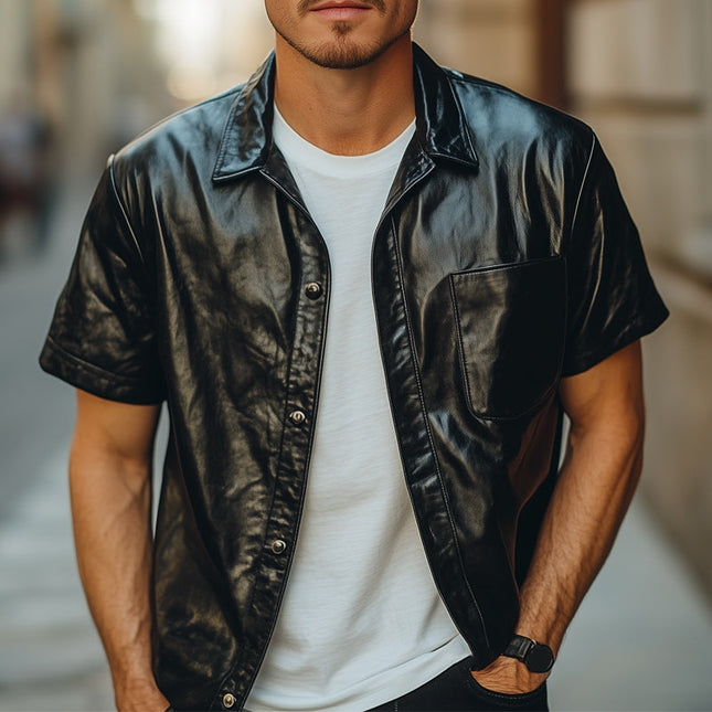 Men's Black Summer Leather Shirt | Short Sleeve | Loose Fit | Fashion Forward | Point Collar | Breathable PU Leather | Casual & Semi-Formal | Comfortable & Modern | Versatile | Sizes S-3XL
