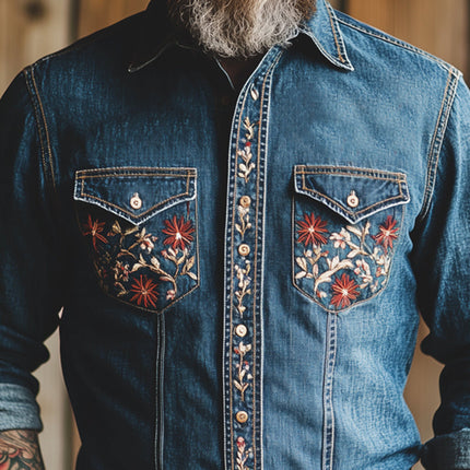 Men's Vintage Washed Denim Shirt | Dark Blue | Embroidered Details | Long Sleeve | Casual & Smart-Casual | Regular Fit | Button Front | Chest Pockets | Turn-Down Collar | Machine Washable | Classic & Stylish