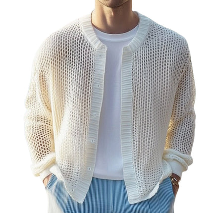 Men's Mesh Knitted Cardigan | Comfortable Breathable Design | Crew Neck | Long Sleeve | Polyester Cotton Blend | Variety of Sizes | Versatile Outerwear for Casual and Semi-Formal Occasions