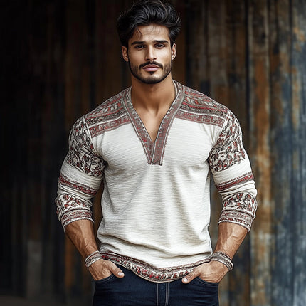 Men's Retro Colorblock T-Shirt | V-Neck | Long Sleeve | Wrinkled Textured Fabric | Stylish Vintage Look | Artistic Colorblock Print | Relaxed Fit | Casual Wear | Comfortable Pullover Design | Versatile Bold Patterns
