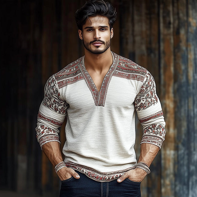 Men's Retro Colorblock T-Shirt | V-Neck | Long Sleeve | Wrinkled Textured Fabric | Stylish Vintage Look | Artistic Colorblock Print | Relaxed Fit | Casual Wear | Comfortable Pullover Design | Versatile Bold Patterns