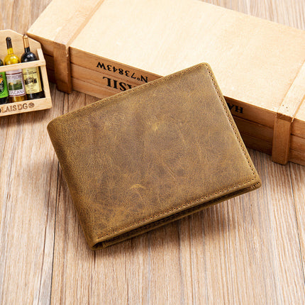 Men's Bi-Fold Wallet | Vintage Top Layer Cowhide Leather | Compact Short Design | Multiple Card Slots | Classic Stitching | Rich Patina Finish | Sleek Brown, Black, Tan | Durable & Stylish Accessory