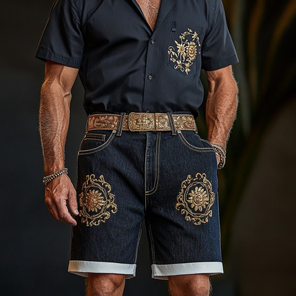 Men's Vintage-Inspired Embroidered Denim Shorts | Retro Straight-Leg Design | High-Quality Durable Fabric | Above-The-Knee Casual Fit | Perfect for Festivals & Weekend Outings | Classic Nostalgic Style